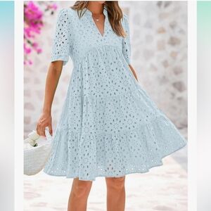 Nwot Btfbm Light Blue Eyelit Shortsleeve Notch V Collar Lined Tiered Shiftdress
